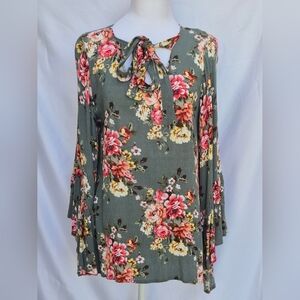 EASEL Olive Floral Tie-Neck Floral Print Bell sleeves women's Tunic top Size M